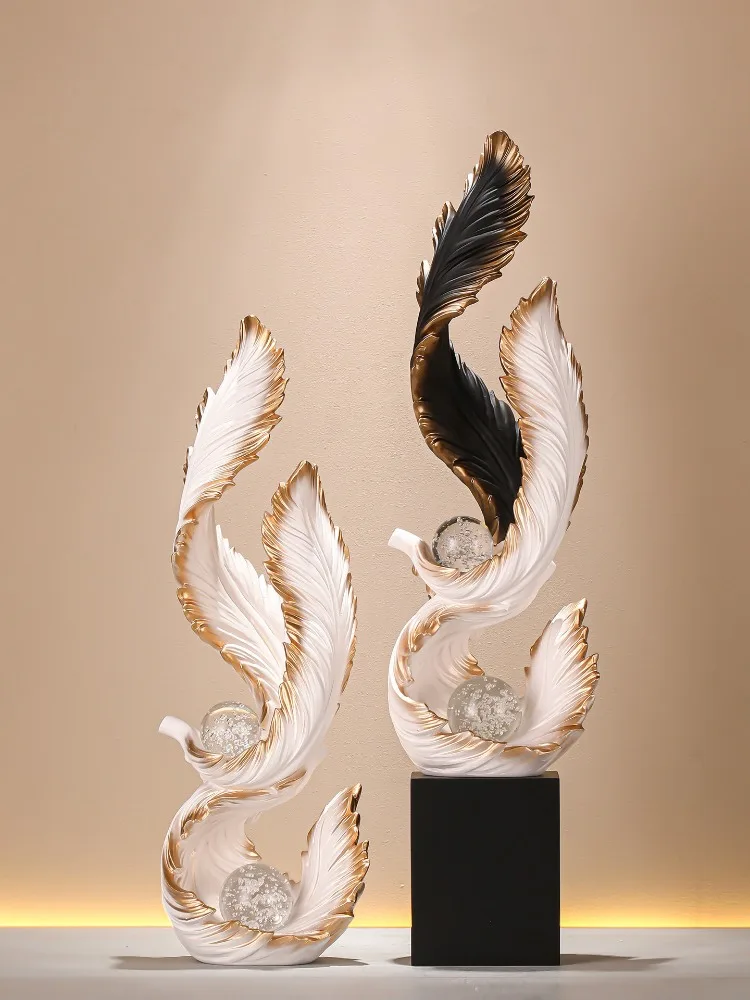 Modern Light Luxury Feather Resin Figurine With Crystal Ball Desktop Ornament Home Office LivingRoom Decor Mini Model Craft Gift