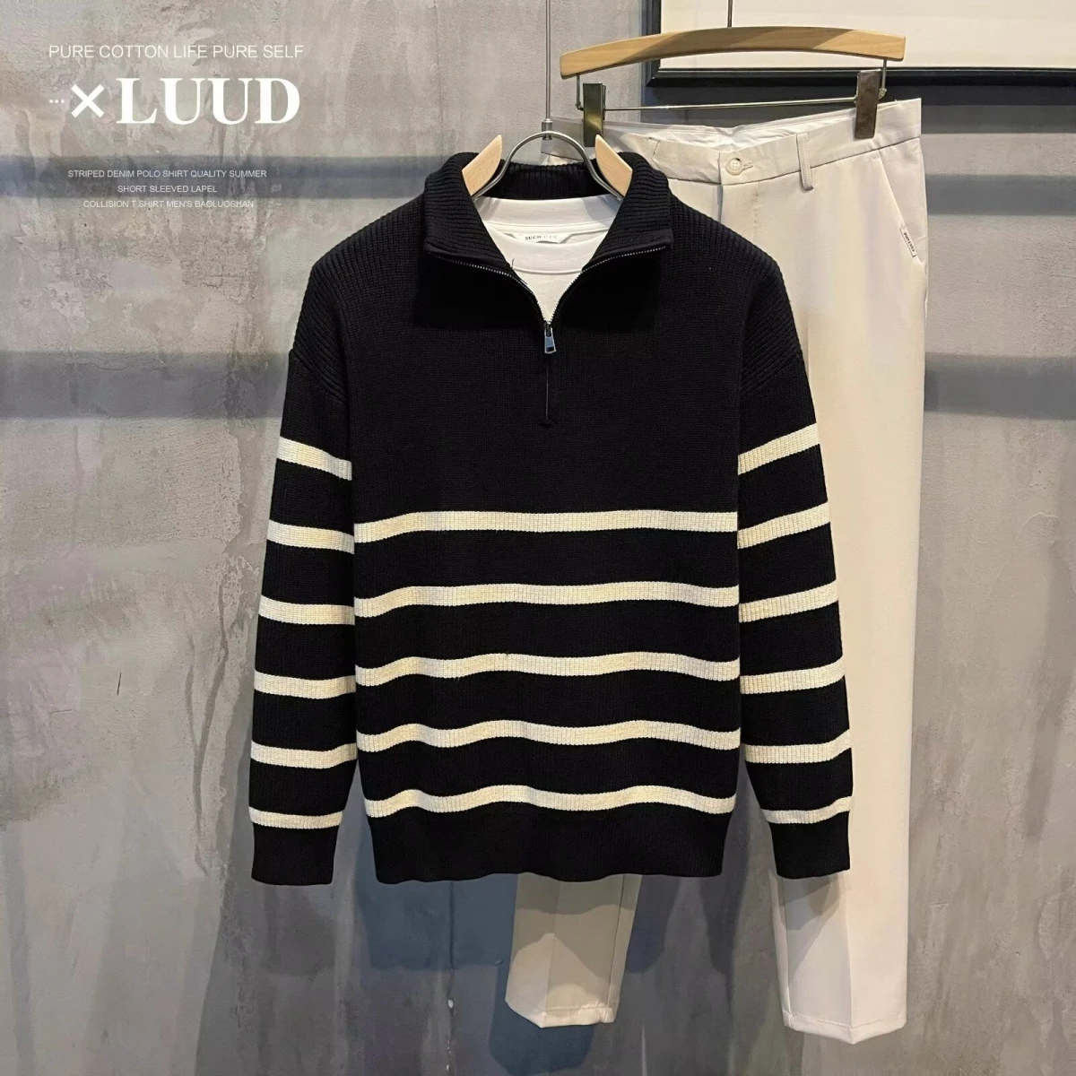 

Мужской вязаный свитер на молнии Ne, повседневный, с высоким v-образным вырезом, осень-зима, полосатая основа, модный топ из Гонконга