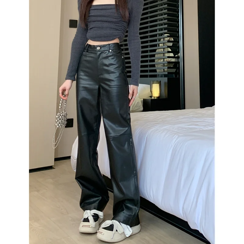 2023 Black Vintage Straight High Waisted Women's Leather Pants American Fashion Streetwear Trouser 2023 Casual Wide Leg Pants