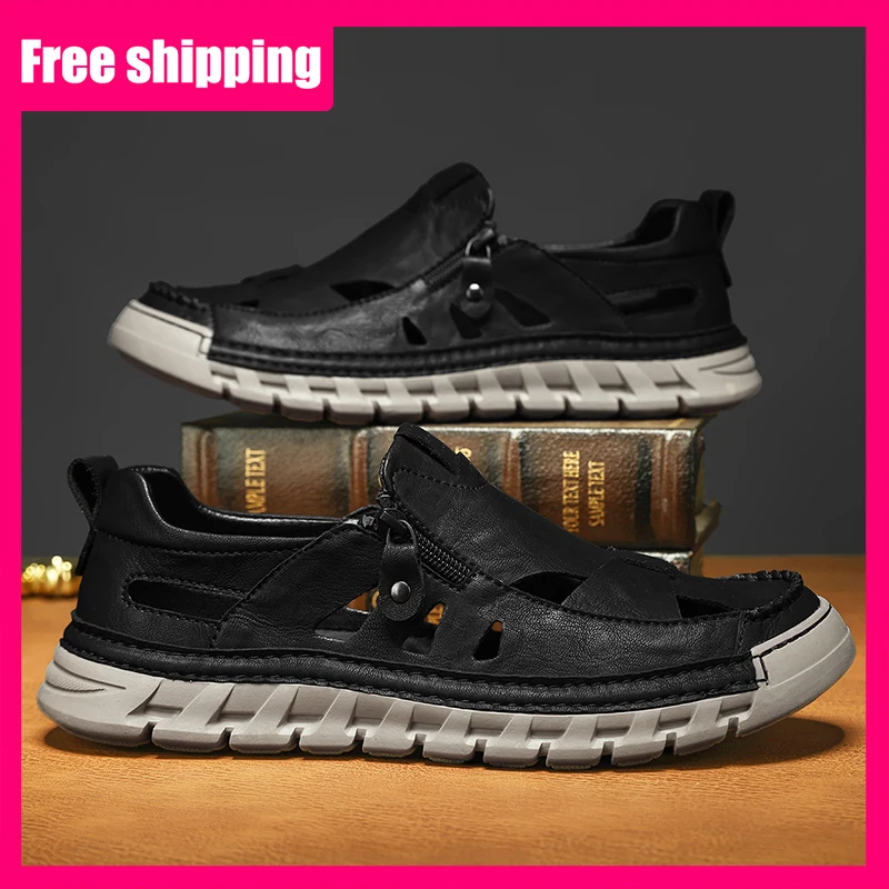 

Men Sandals New Breathable Hollow Leather Casual Shoes Soft Bottom Comfortable Summer Outdoor Walking Sandals for Teenagers