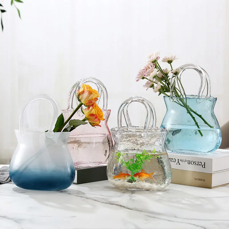 Handbag Shape Flower Vase Fish Tank Transparent Glass Hydroponic Plant Container for Home Office Decor Small Goldfish Container