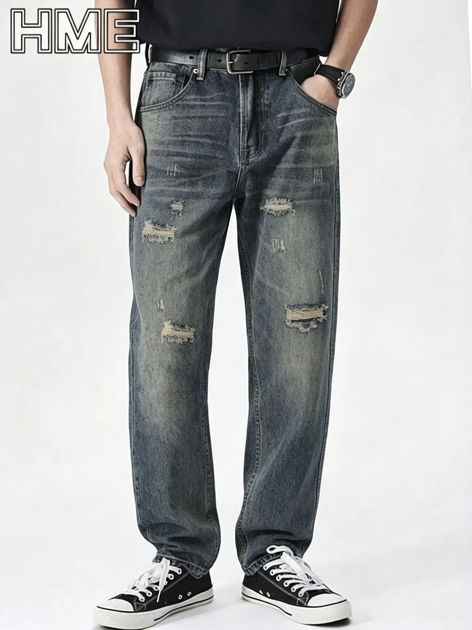 【HME】Men's Jeans | Distressed Ripped Denim Pants For Men, Vintage Washed Frayed Denim Jeans, Destroyed Hole Detail Male Denim Trousers, Loose Straight‑Leg Fit, Durable Heavy‑Weight Denim Bottoms For Streetwear Daily Casual Outfits