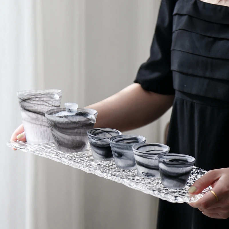 

Kitchen Large Kung Fu Tea Tray Handmade Wedding Recycle Glass Tea Tray Chinese Serving Office Bandeja Giratoria Home Decoration