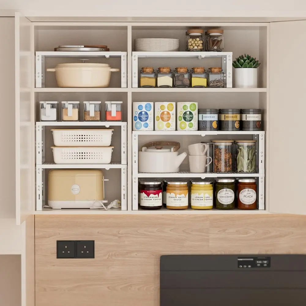 Adjustable Metal Shelf Organizer - Expandable Stackable Pantry Storage Rack for Kitchen, Bathroom, RV, Cabinets (3 Packs, Medium