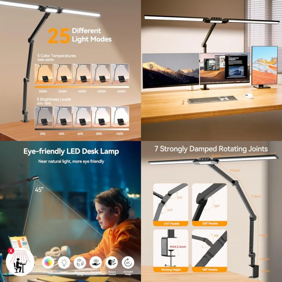 LED Architect Desk Lamp with Clamp - 24W Ultra Bright Adjustable Swing Arm Light for Home Office, 3000 Lumen Auto Dimming Compu