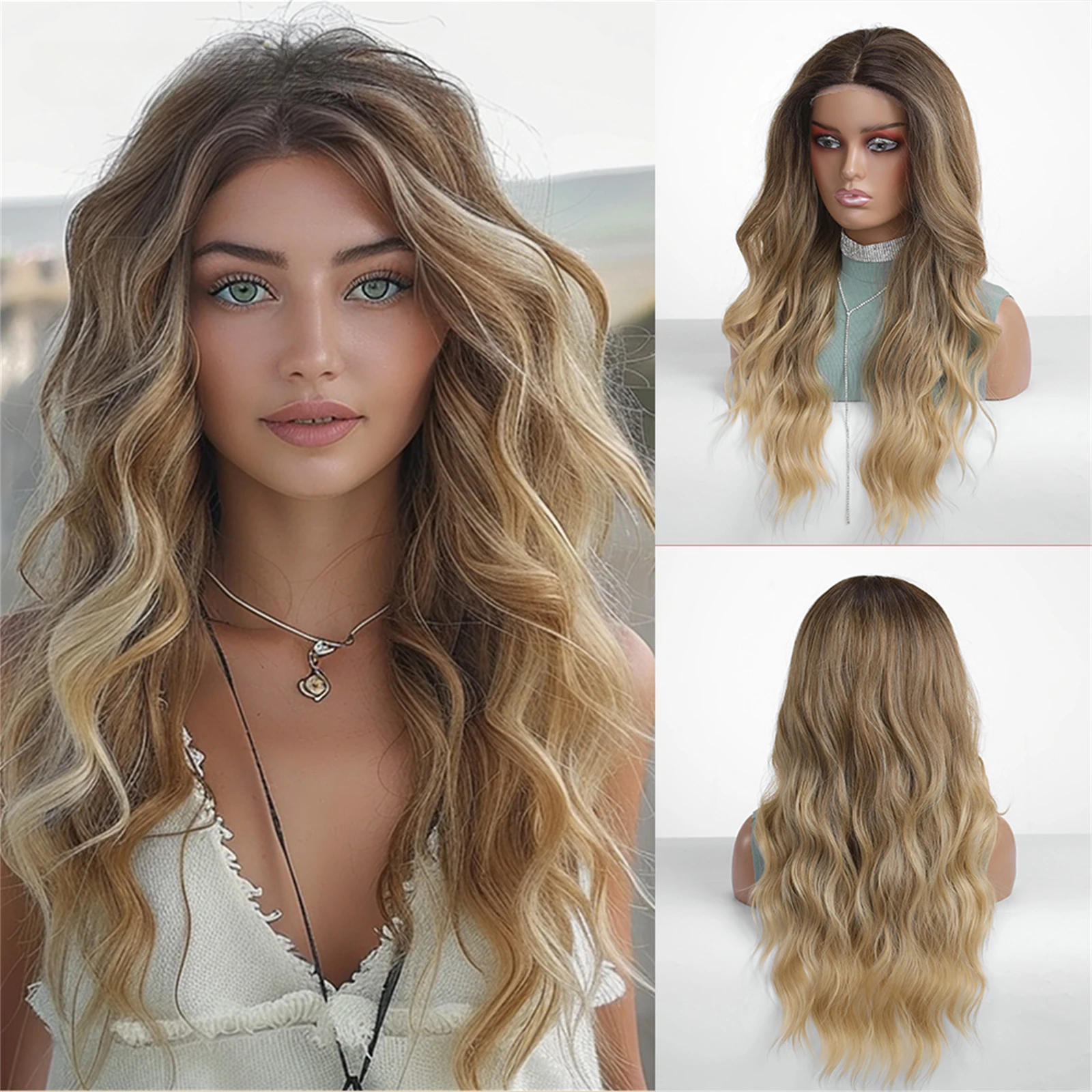 

Lace Front Synthetic Hair Long Water Wavy Ombre Dark Root to Blonde Brown Daily Party Wigs for Women