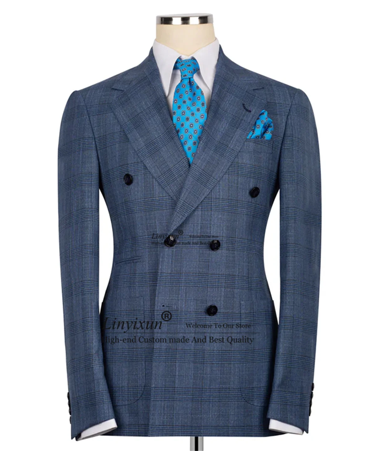 

Formal Plaid Man Suit for Wedding Double Breast Slim Fit Casual Business Office Men Blazers 2 Piece Groom Tuxedo Outfit Sets