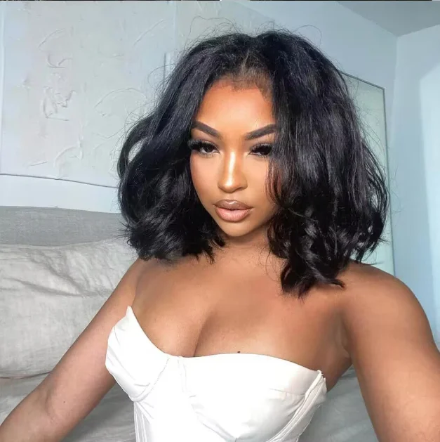 Short Bob Preplucked Soft Natural Black Yaki Kinky Straight Wave Deep Lace Front Wig For Women With Baby Hair Glueless Daily