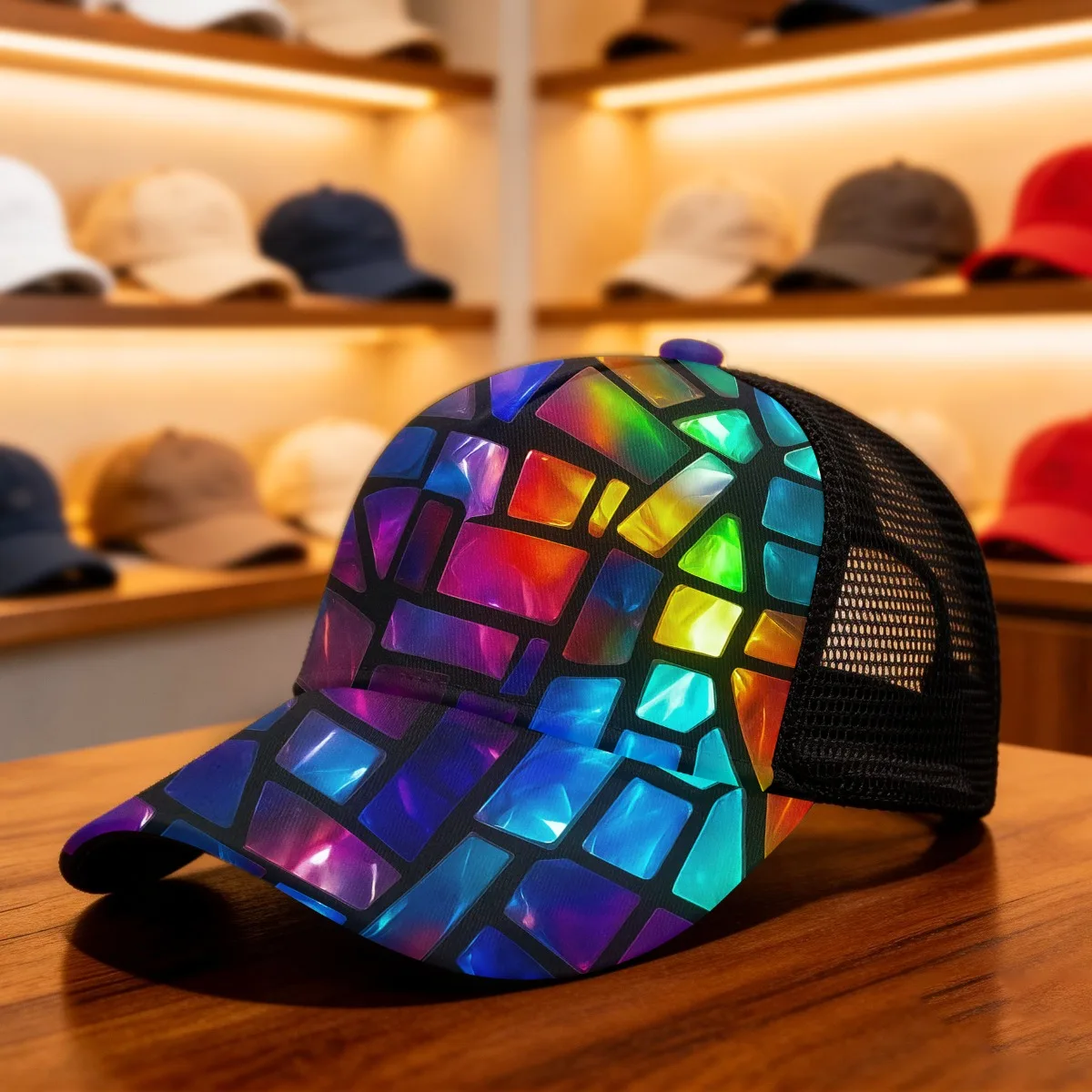 1pc Prismatic Mosaic Glass All Over Print Duckbill Hat Mesh Cap Sporty Cap Four Seasons Suitable Sporty Style for Running