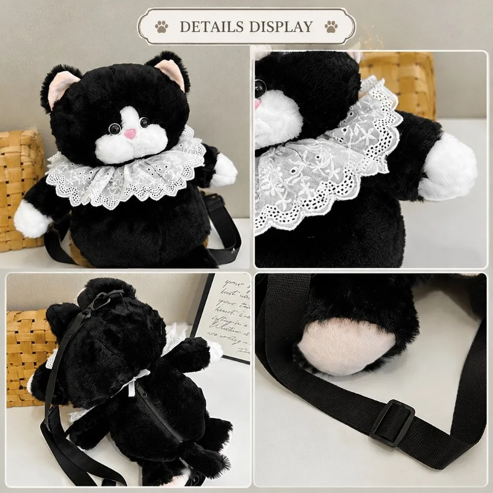 Black White Furry Cat Backpack Zippered Lightweight Cat Shoulder Bag Adjustable Strap Stuffed Animal Purse