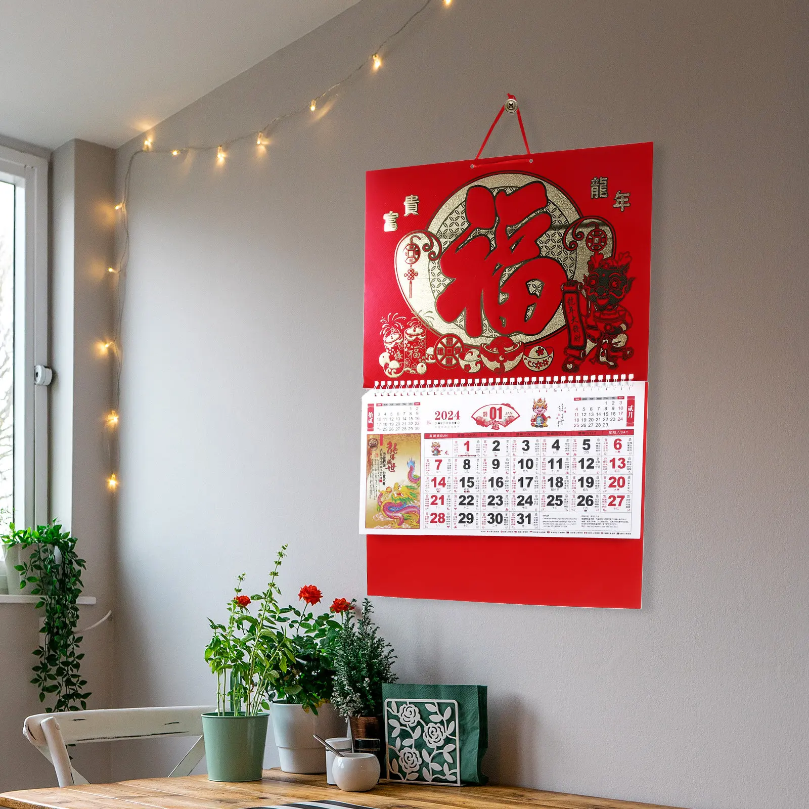 

2024 Dragon Year Lunar Calendar Wall Hanging Decorative Calendar with Traditional Festivals Detailed Printing Bright Colors