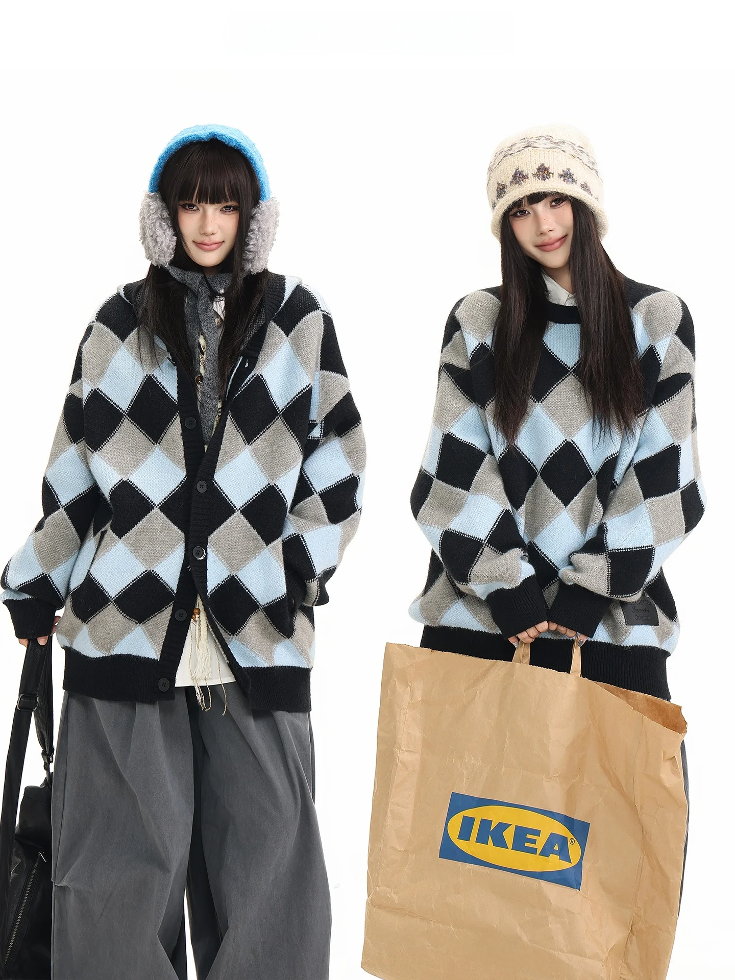 

Женский свитер-пальто Freecenter Heavyweight Diamond Plaid Knitwear, свободный крой, уличный стиль, осень-зима, ретро