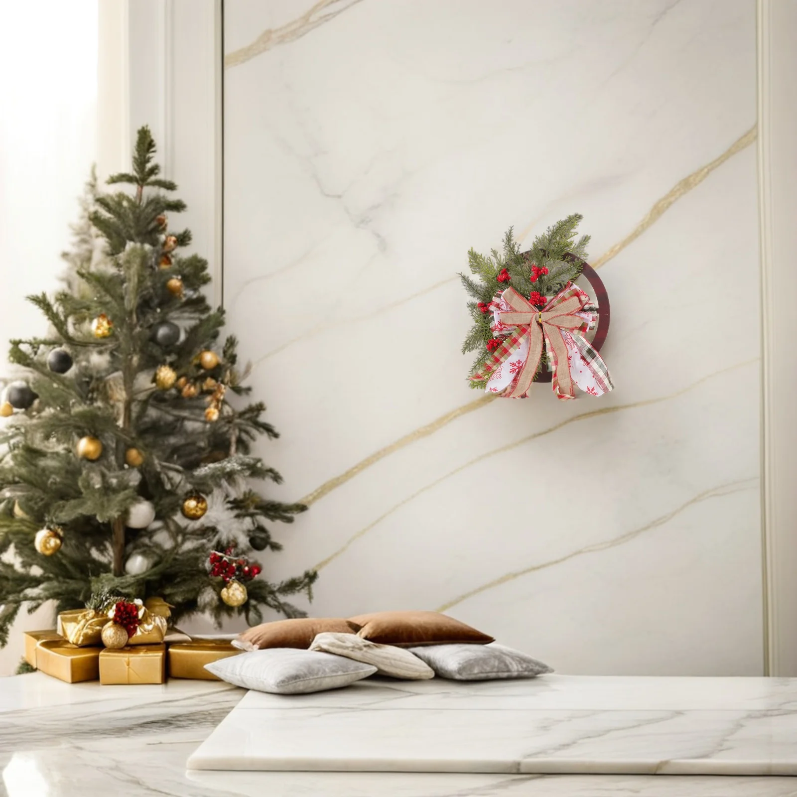 

Christmas Wreath Front Door Wooden Wheel Design Reusable Xmas Door Decoration Indoor Outdoor Holiday Garland Artificial Greenery