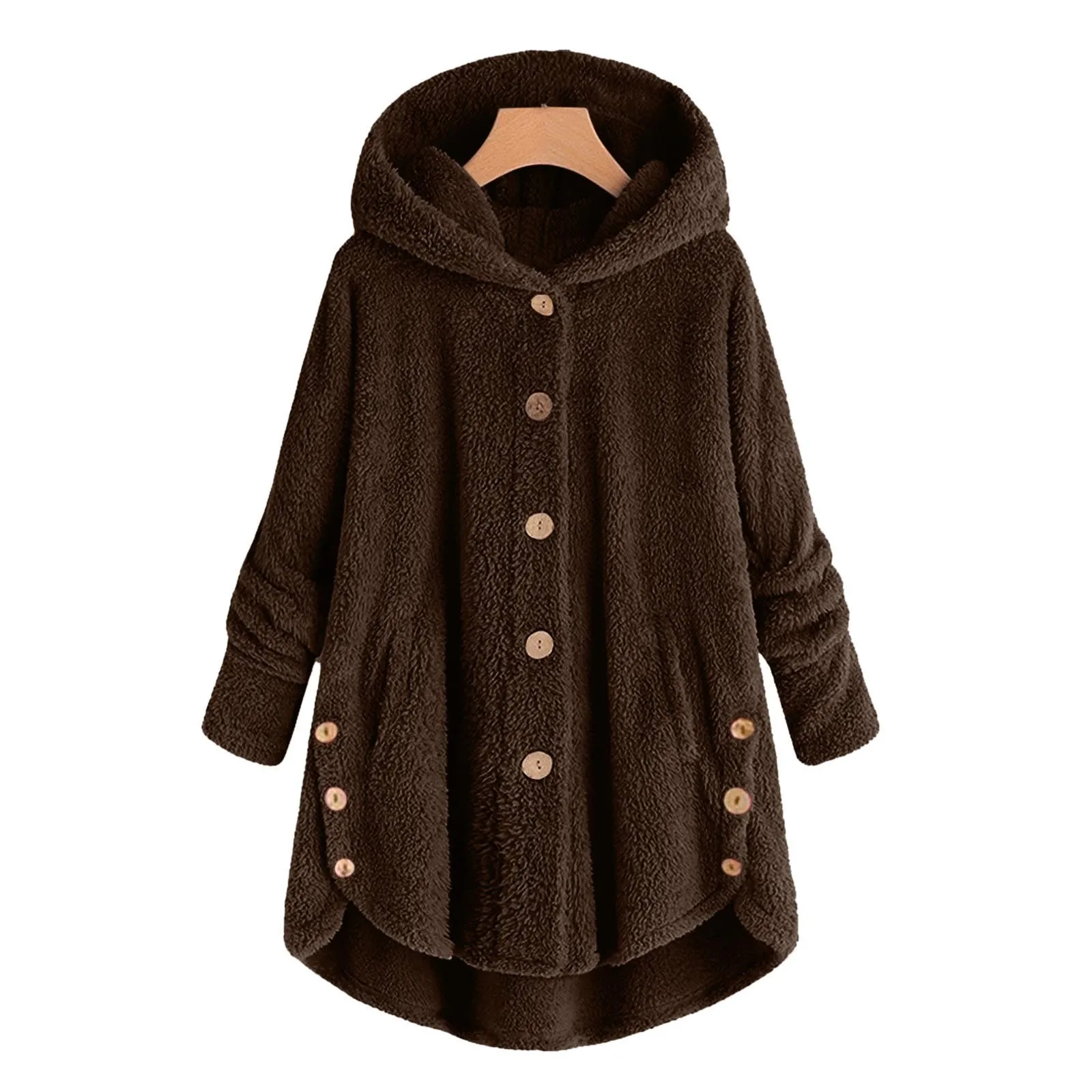 Women'S Solid Color Large Size Fleece Coat Button Long Sleeve Loose Casual Hooded Coat Simple Fashion Beautiful Warm Top