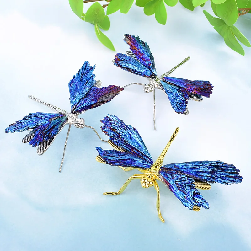 1PC Natural Crystal Aura Electroplating Blue Tourmaline Dragonfly Handmade Crafts Home Decoration Gift Souvenir