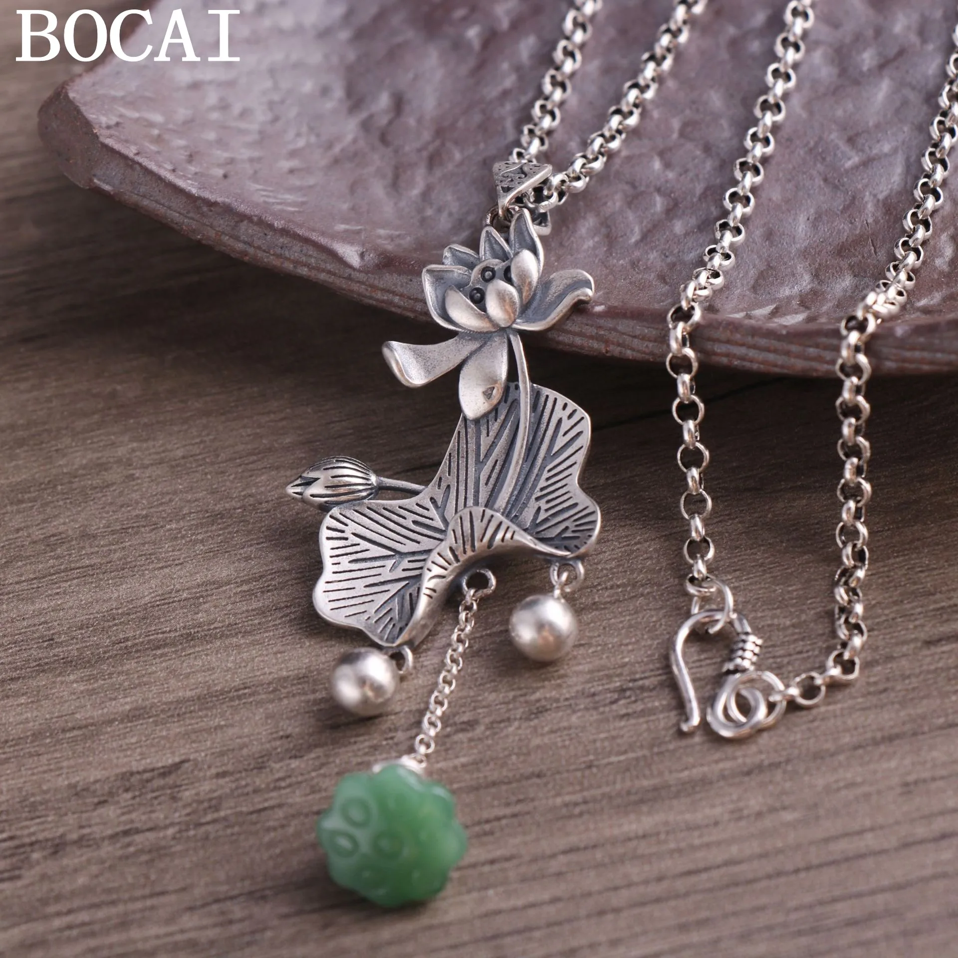 

BOCAI NEW S925 Pure Silver Personalized Retro Style Chinese Style Artistic Style Lotus Pendant