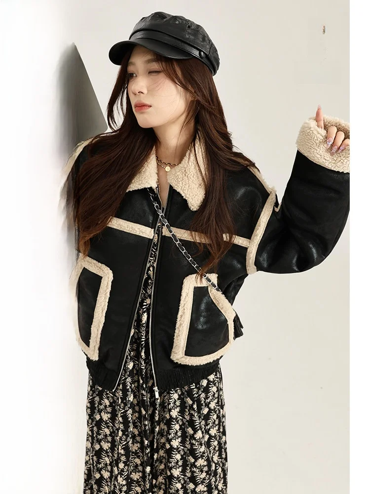 

Женская зимняя утепленная куртка Yang Bubble Bla Lamb Fur с воротником-стойкой, на флисовой подкладке, в байкерском стиле, из полиэфирного волокна