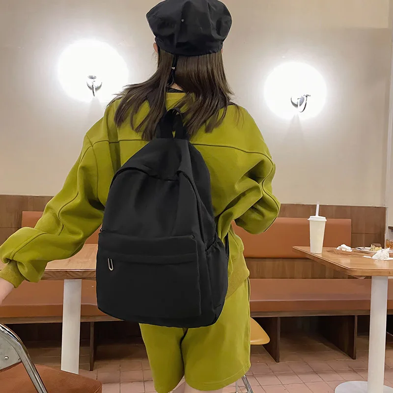 Simple Solid Color Backpack Women 2024 Waterproof Nylon School Bags For Teenager Girls Bookbag Lady Travel Backbag Shoulder Bag