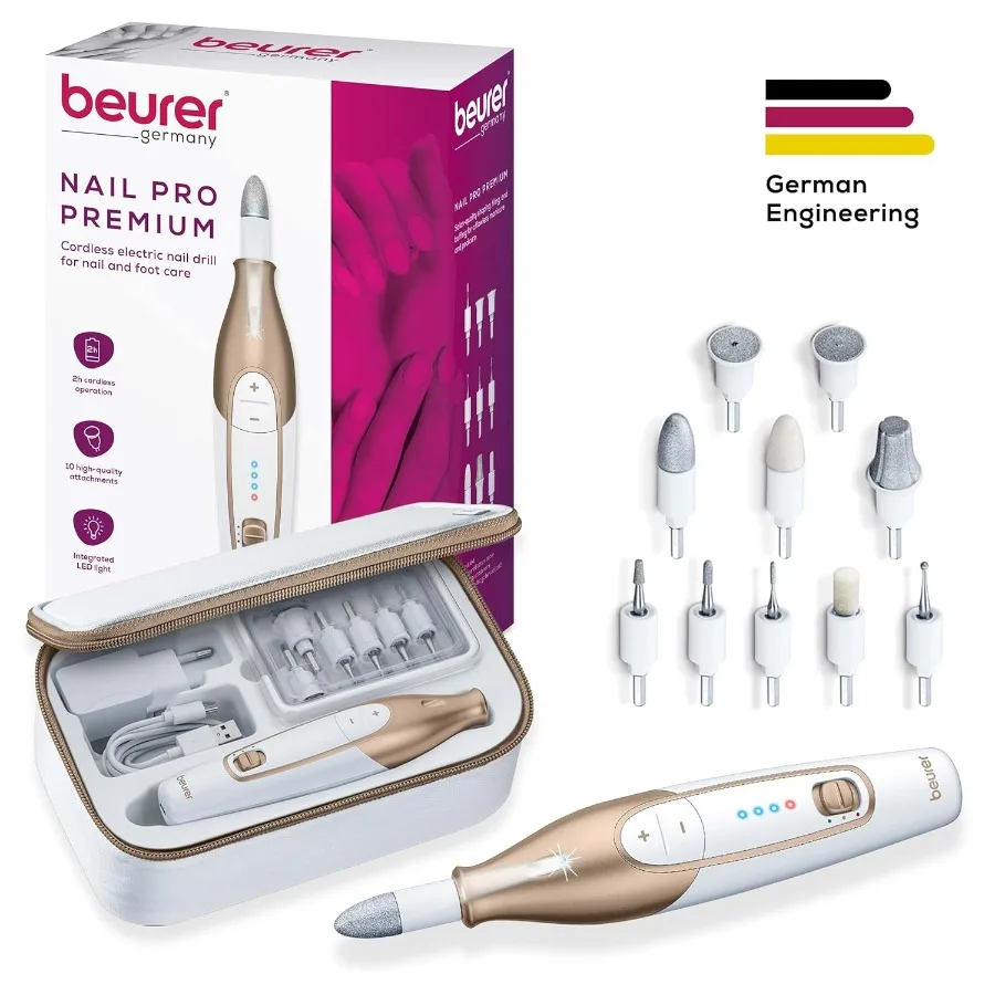 Beurer MP64 Nail Drill Kit Cordless Electric Nail File with 10 Attachments and LED Light Electric Manicure Set with Adjustable