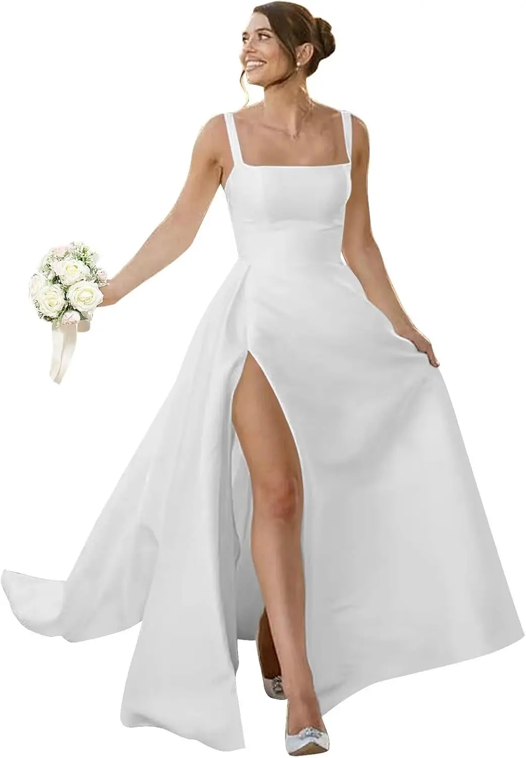 

Women’s Scoop Neck Satin Wedding Dresses for Bride Simple Bridal Dress for Wedding with Slit Long Formal Dress