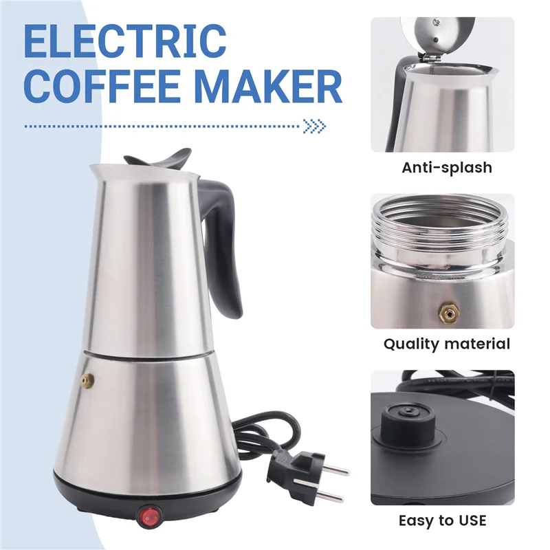 

AF93-Electric Stove Espresso Maker Moka Pot 6 Cups Percolator Coffee Pot Electric Stainless Steel Classic Cafe Maker EU Plug