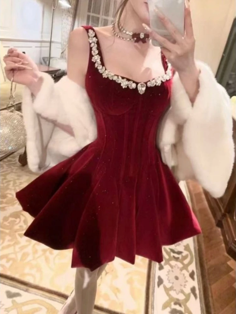 فستان فرنسي عتيق أنيق للأميرة باللون الأحمر للنساء Y2k تصميم مثير من الدانتيل فستان سهرة هاراجوكو كوري أنيق لحفلات أعياد الميلاد #2