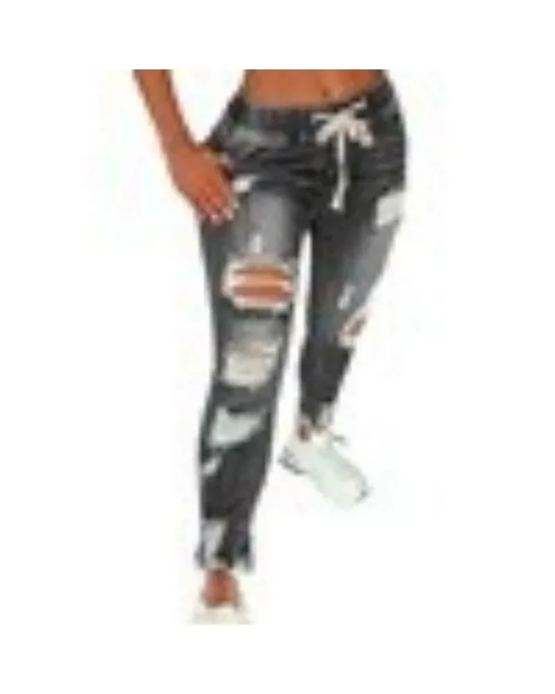 Women Drawstring Elastic Waist Skinny Jeans Ripped Distressed Frayed Hem Denim Pants Casual Slim Fit Jogger Denim Trousers view 5