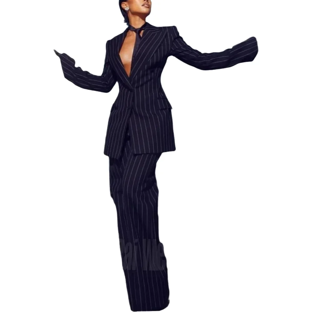 Navy Blue Striped Suit For Women Modern Style Peaked Lapel Casual Chic Female Party Prom Tailor-Made Two Pieces Jacket Pants