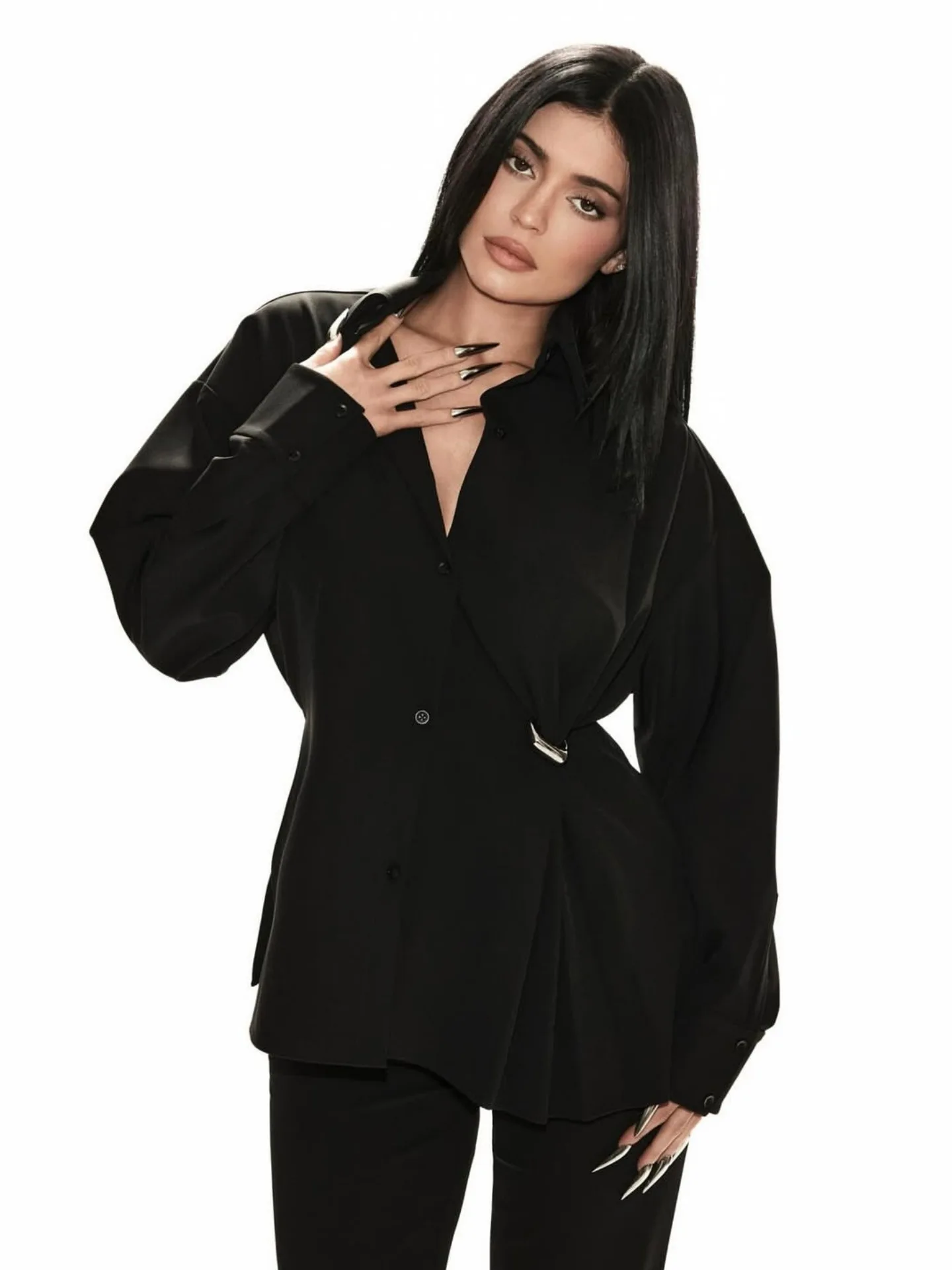 KHY Kylie Черная плиссированная рубашка с металлическими пуговицами, блузка средней длины с застежкой на талии для женщин