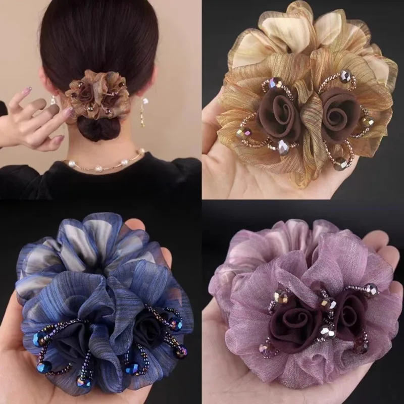 Gummiband Kopfschmuck Blume Haar Seil Elegante Frau Hochsteckfrisur Pferdeschwanz Elastische Große Scrunchie Haar Zubehör für Frauen – Detail 3