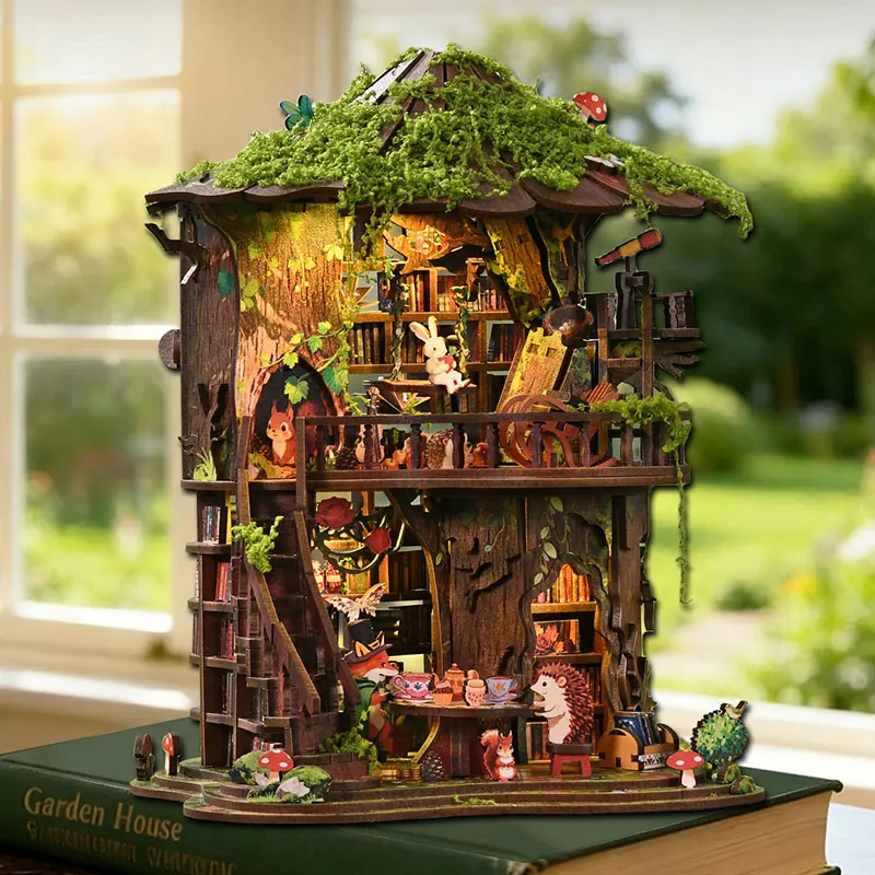 

DIY Wooden Dollhouse Book Nook Miniature Model Kits With LED Lights Handmade Craft Bookshelf Insert Home Decor for Birthday Gift