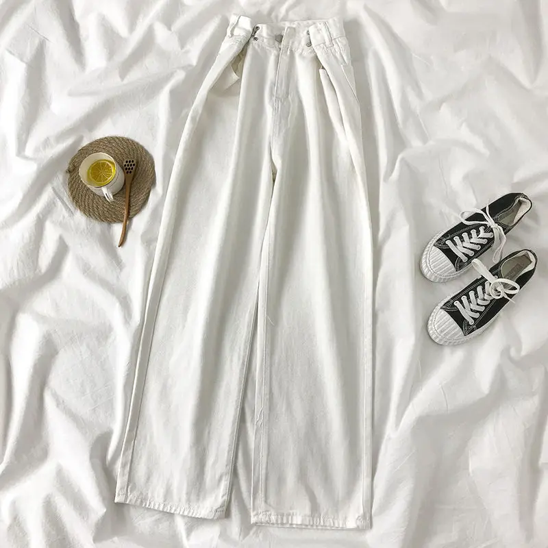 Women Autumn High Waist Jeans Vintage Casual Adjustable Wide Leg Pants Spring Female Fashion New Design Loose Trousers Straight