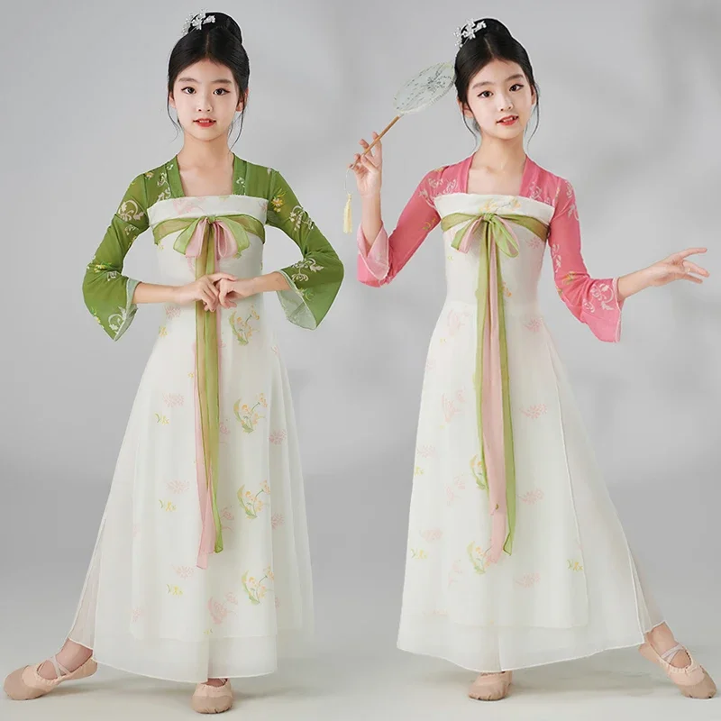 

Chinese Children Folk Dance Costume Vintage Mesh Tops+pants Skirt Set Chiffon Stage Dance Wear Retro Performance Princess Hanfu