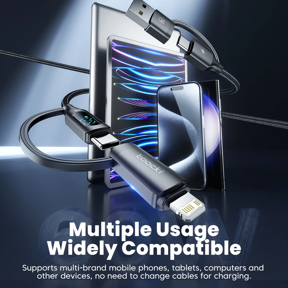 Toocki 4 in 1 USB and Type C Cable to USB C and iP Data Cord PD60W LED Display Fast Charging USB A Wire for iPhone Xiaomi Tablet