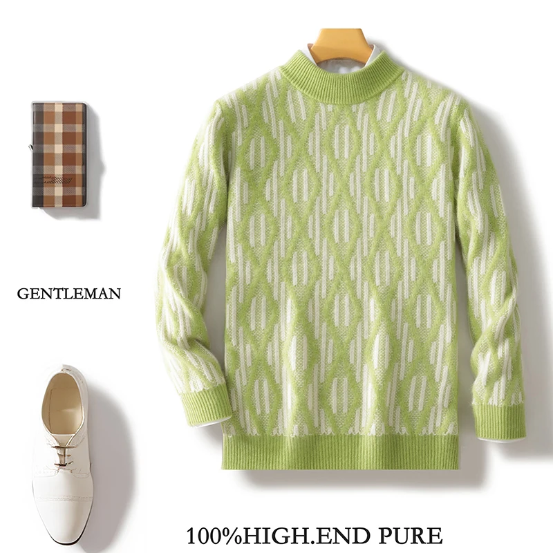 

Autumn Winter Semi-Turtleneck Wool Men's Color Matching Thick Knit Bottoming Shirt Sweater Loose Casual Contrast Cashmere Top