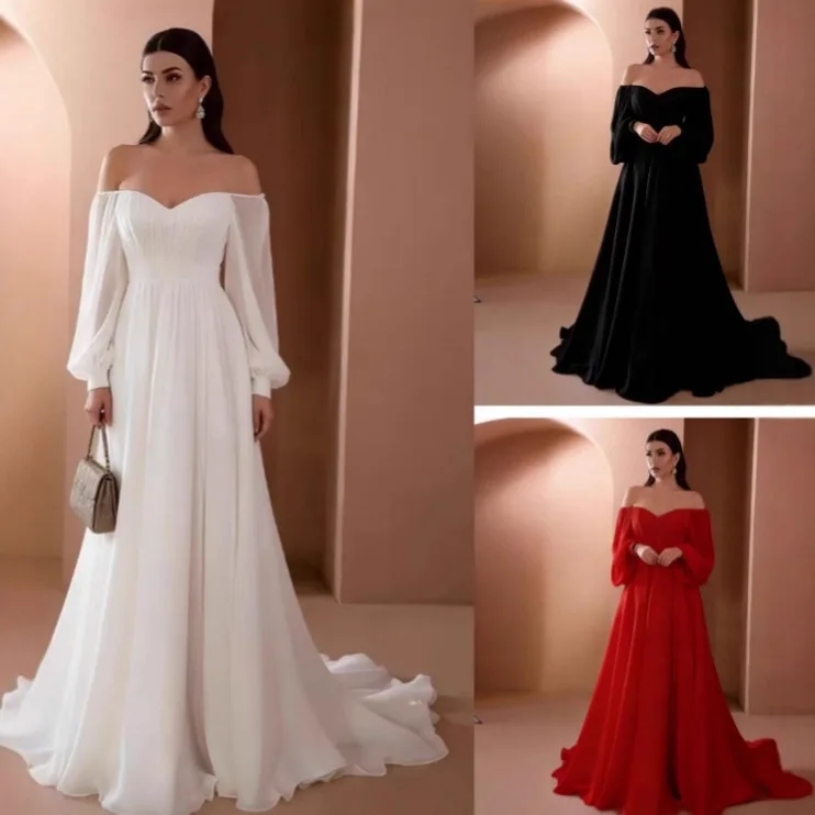 Langes Damenkleid, schulterfrei, langärmelig, Chiffon-Kleid, Hochzeit, Brautjungfer, Partykleid