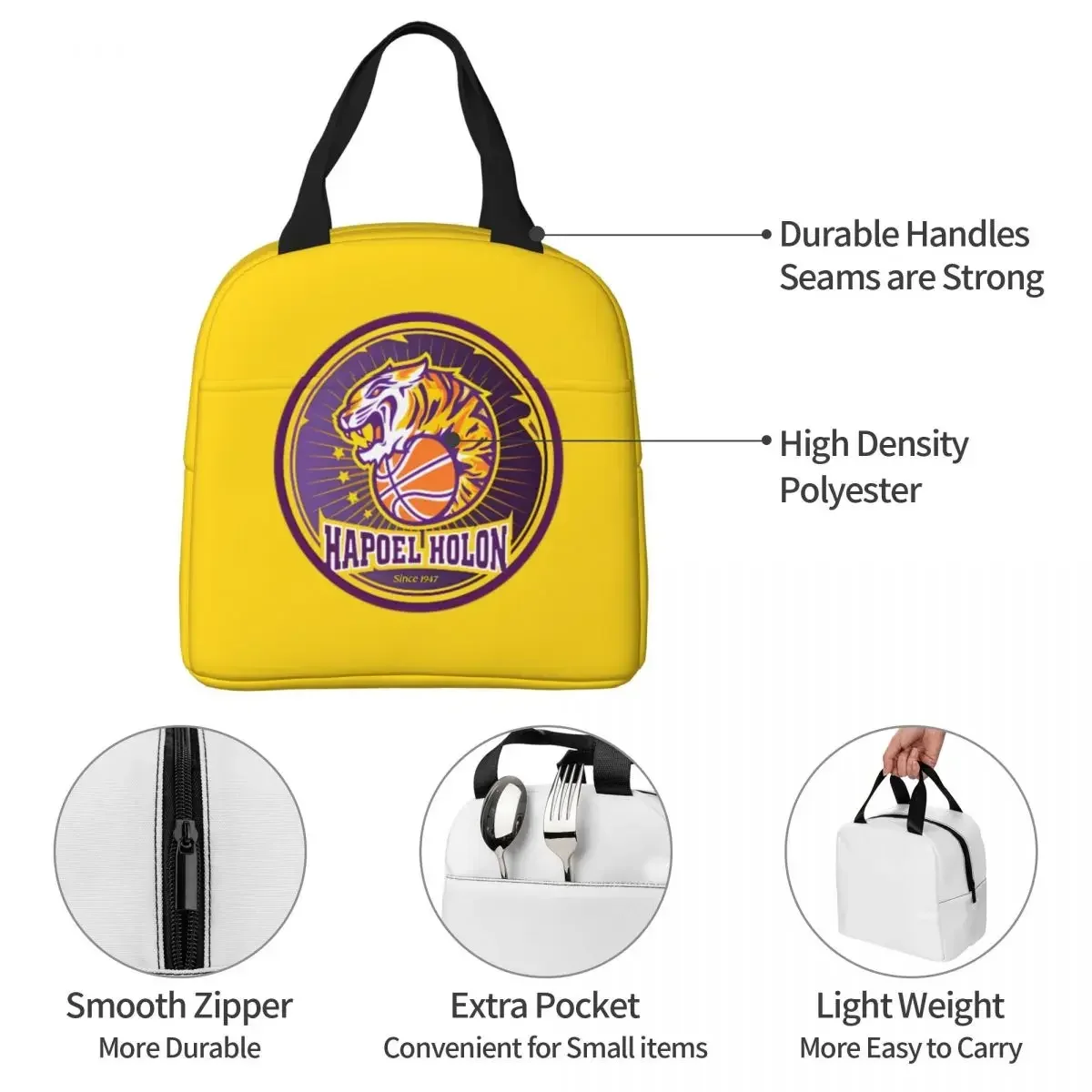 Hapoel Holon Basketball Lunch Bag Large Capacity Waterproof Thermal Insulation Food Storage Box School Work Adults Kids Unisex