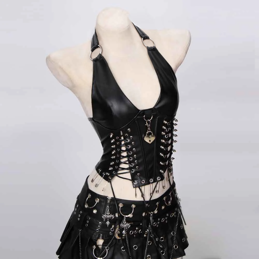 Goth Tops Gothic Tank Festival PU leather Black Y2K T-shirt Spikes Grunge Punk Rock Clothes Rave Vkei Women's 80s Emo Clothing