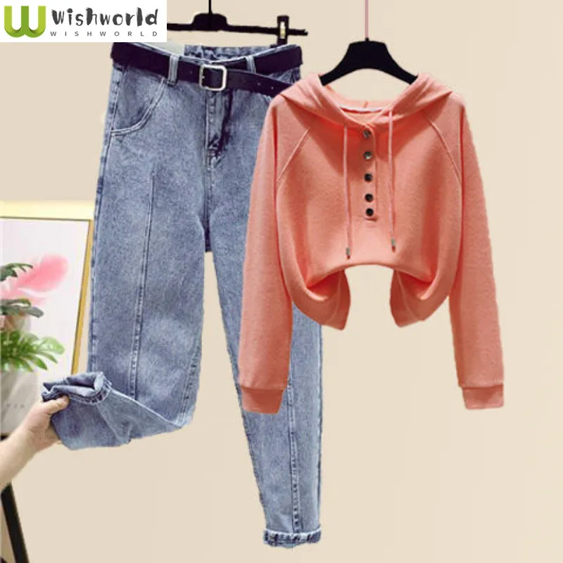 Fashion and Leisure Temperament: Hooded Loose 2022 Long Sleeve Top + High Waist Jeans Harlan Pants Two-piece Women's Suit