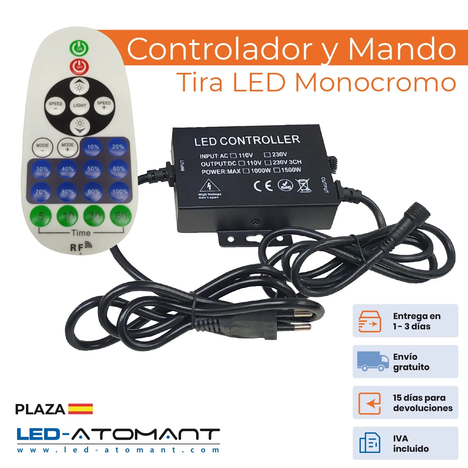 ATOMANT LED®24 key RF controller intensity regulator for 220v monochrome led strip Allows to connect up to 100m