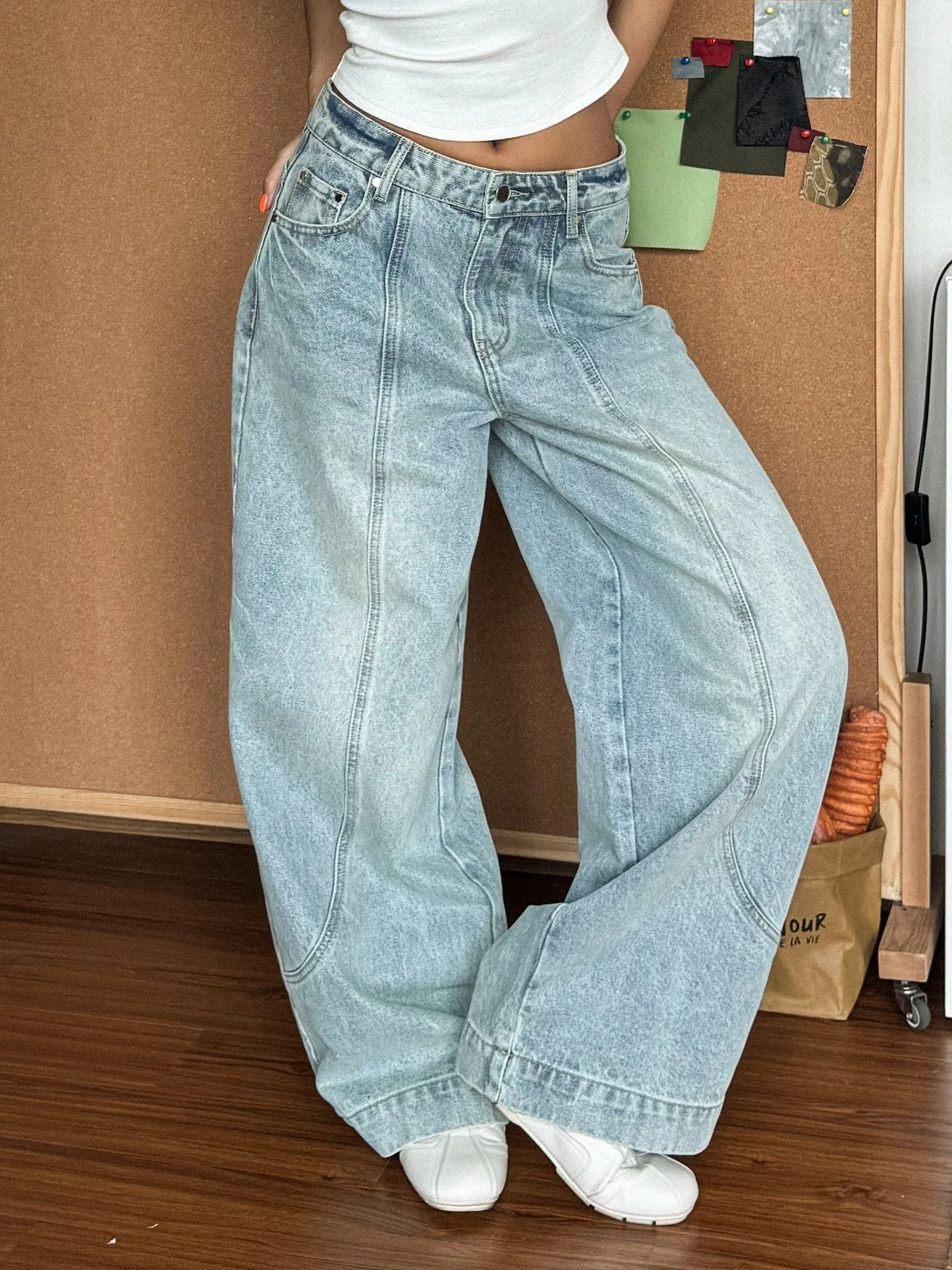 

Fcii Brand Women's Wide Leg Jeans Retro Wash Casual Long Pants Knife Design Comfortable Cotton Blend Ladies Trousers