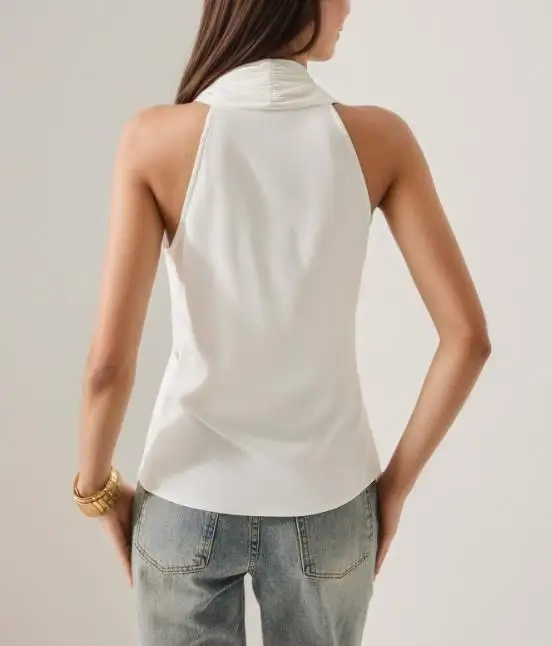 

Summer New French Elegant Temperament Simple Solid Color Satin V-Neck Metal Buckle Decoration Sleeveless Hanging Neck Vest