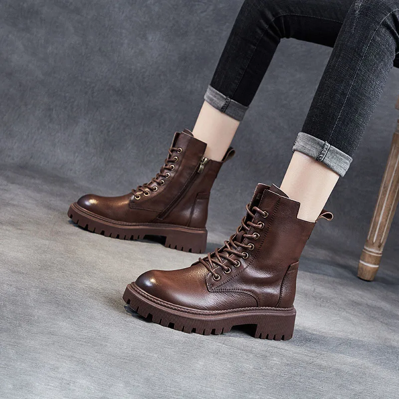 DRKANOL 2026 Women Thick Heel Ankle Boots Quality Cow Genuine Leather Round Toe Autumn Winter Warm Platform Casual Short Boots - view 3