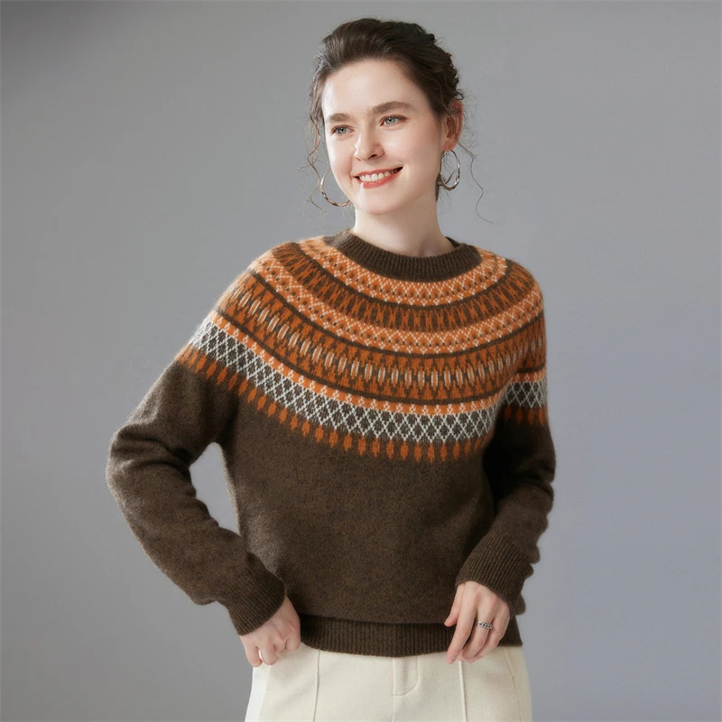 100% Geit Kasjmier Vrouwen Vintage Stijl Ronde Kraag Trui Faire Isle Jacquard Trui Herfst Winter Pure Kasjmier Trui