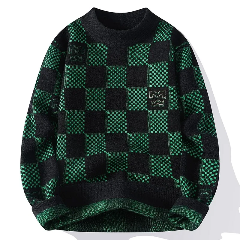 New Checkered Knitted Sweater American 2024 Trendy Men\'s Tops Classic Autumn Knitted Hoodie Fashionable Slimming Harajuku