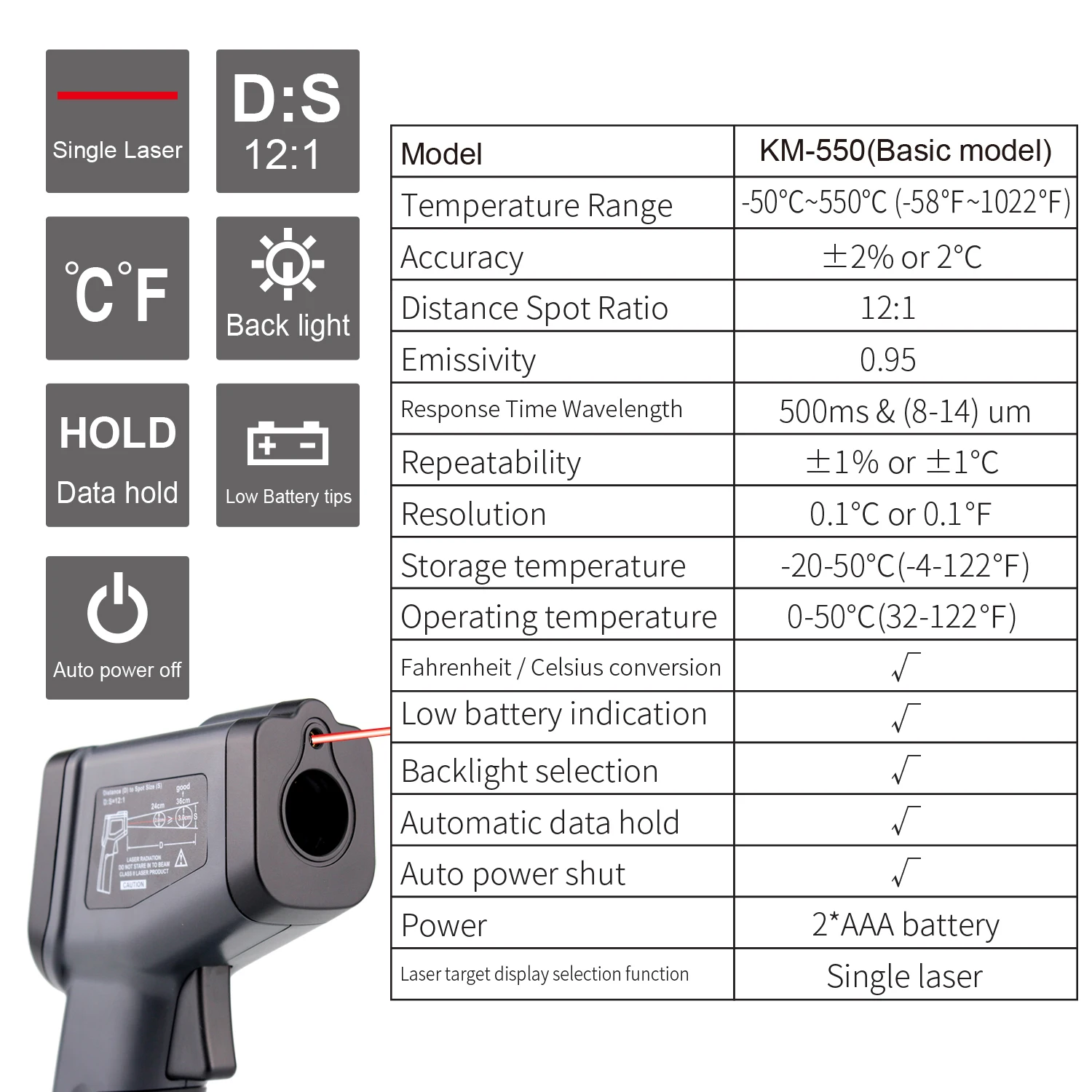 -50~550°C Digital Infrared Thermometer Laser Temperature Meter Non-contact Pyrometer Imager Hygrometer IR Sensor Termometro