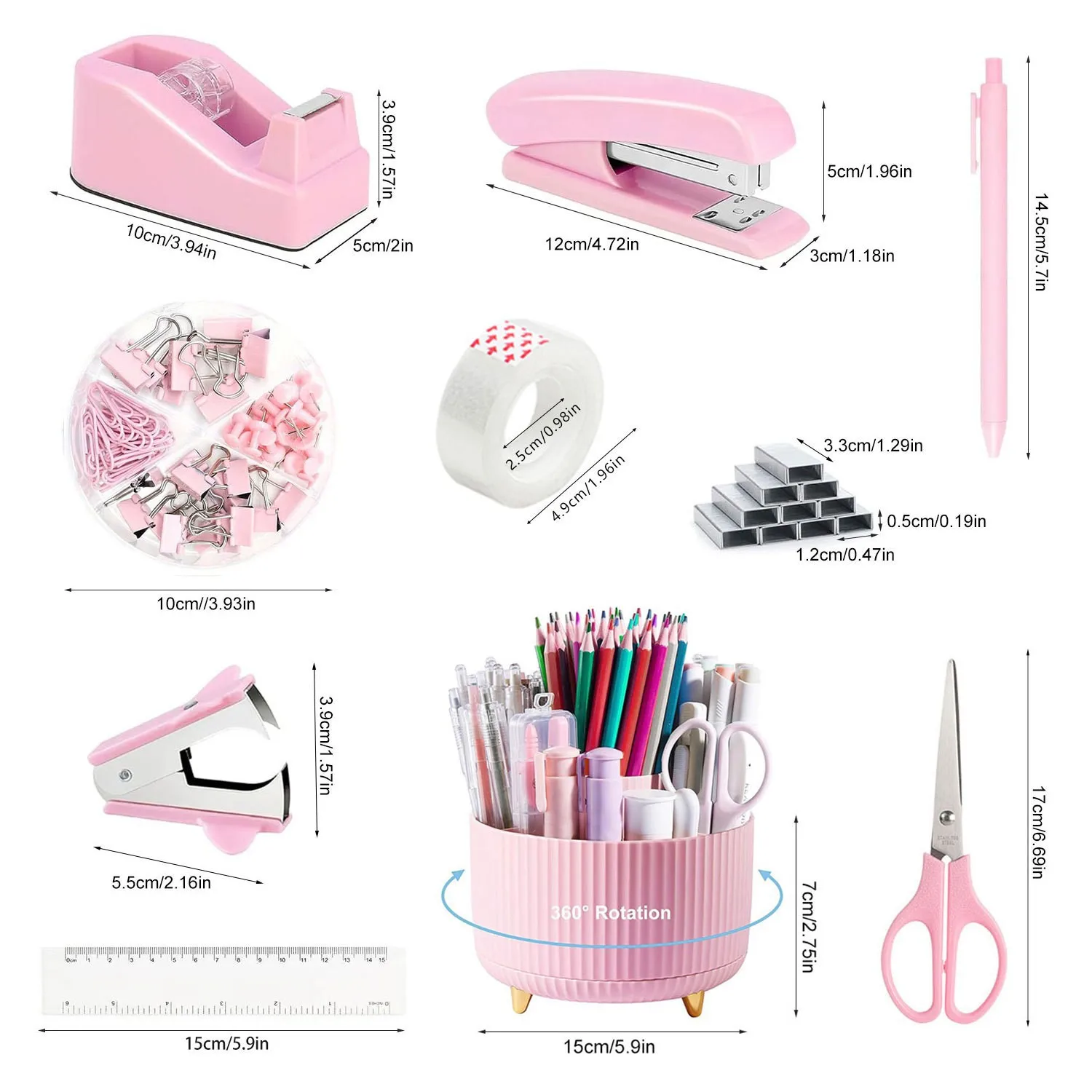 360 Degree Rotating Pen Holder Stationery Set with Tape Dispenser Stapler and Punch, Pink Desk Organizer Storage Combo for