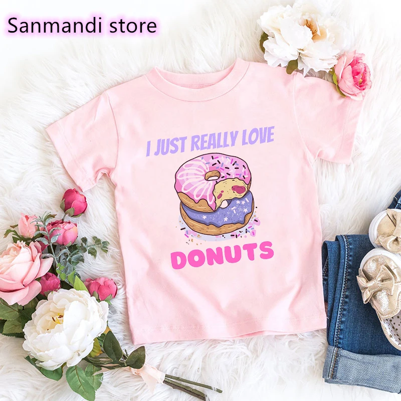 Hot Sale Kawaii Children Clothing I Just Really Love Donuts Graphic Print Tshirt Girls Summer Fashion T-Shirt Streetwear