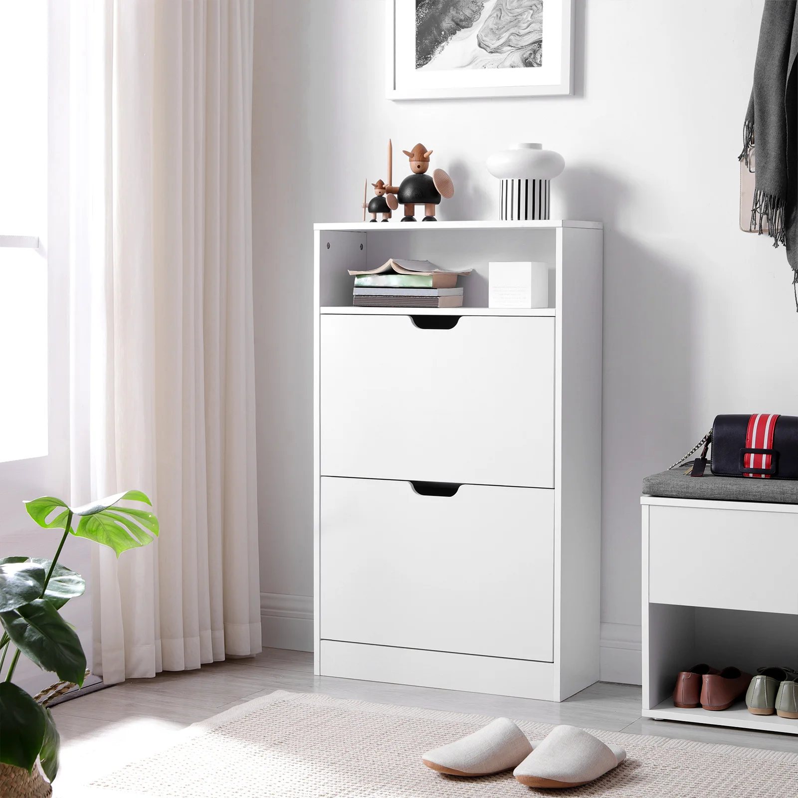 VASAGLE Shoe Cabinet, 2 Flaps, Open Shelf, Melamine Veneer, Easy to Clean, 60 x 24 x 102 cm, White