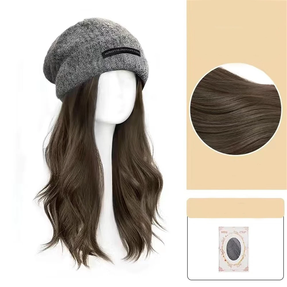 Wig Women's Long Hair Hat Wig Fashion Highlights Fog Long Curly Hair Big Waves Winter Thick Wool Knitted Wig Hat